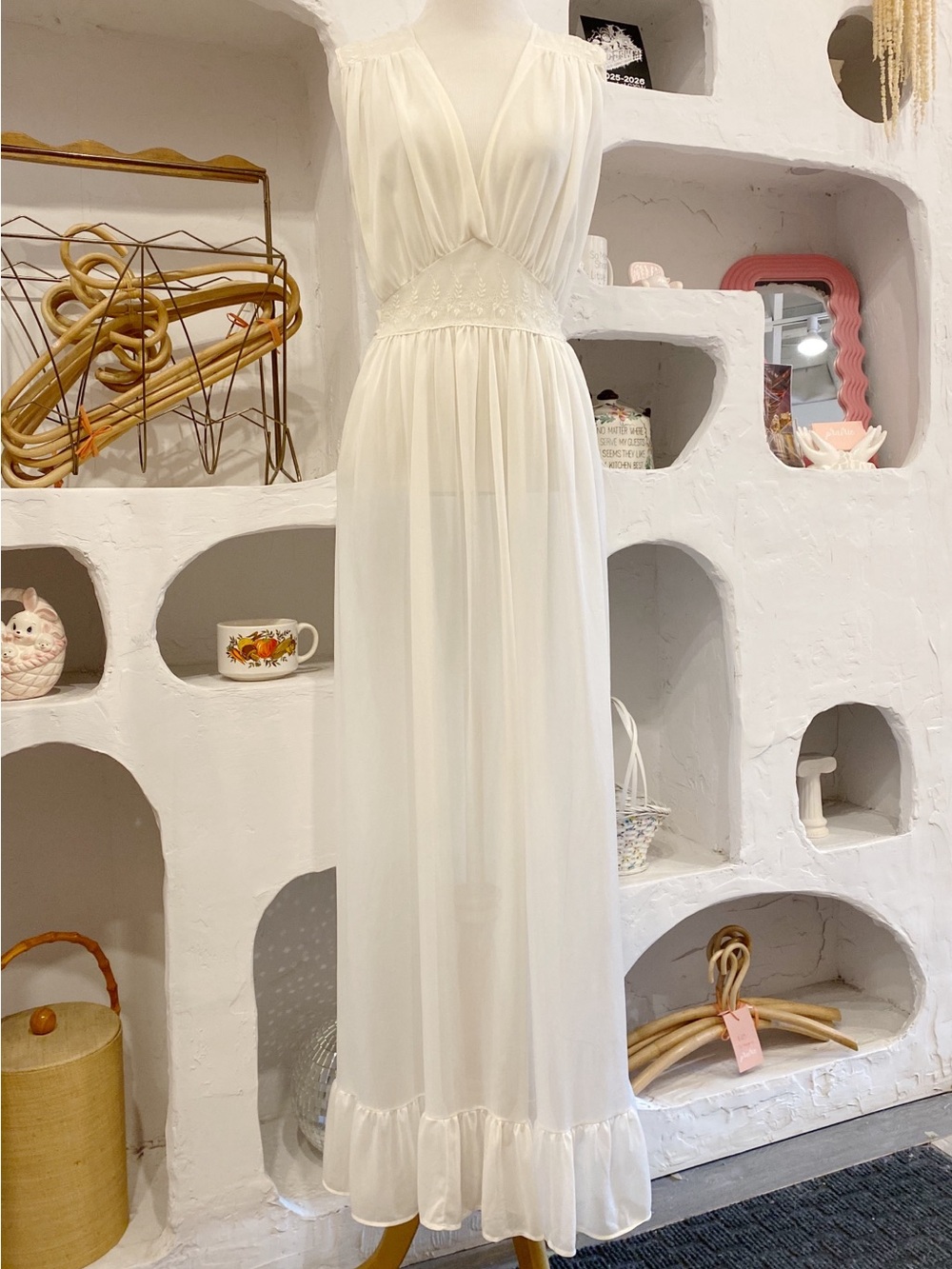 Vintage White Sheer Mesh Maxi Lingerie Nightgown Dress with Embroidered Detail